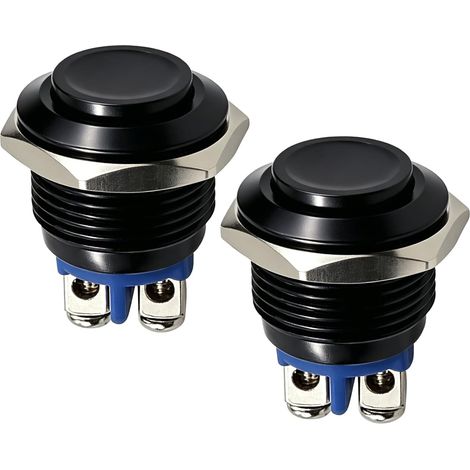 2 Boutons Poussoirs 12V Momentané 16mm, Interrupteur Poussoir Étanche Métal 220V Bouton de Démarrage Rond pour Voiture Moto Sonnette Bateau Bricolage Électronique, Noir IP20 (1/5)