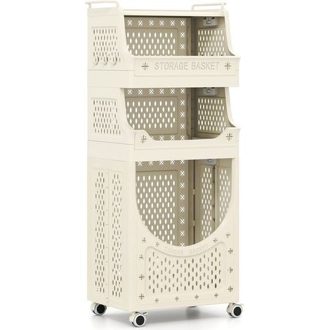 Zusammenklappbarer 4-stöckiger Wäschewagen mit feststellbaren Rollen, Beige