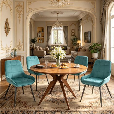 Chaise de salle à manger lot de 4 52,5x51x81,5 cm en velours turquoise, moderne FloraGrace (1/5)