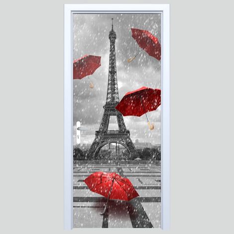 Autocollant de porte en tissu, parapluies rouges, Tour Eiffel 274PD