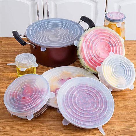 6 pièces Couvercles Élastiques en Silicone Réutilisables pour Restes Alimentaires et Bols (1/5)