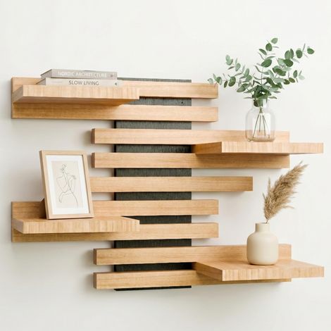 Étagère Murale Modulable Bois Massif Tasseaux Design (Noir) Tablette flottante décoration cocooning maison, chambre, cuisine, salon, salle de bain. Petite bibliothèque, plantes, épices. (1/5)