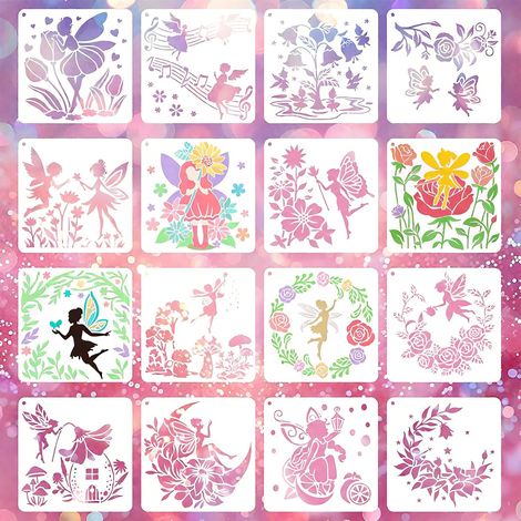 Lot de 16 pochoir, motif elfe et fleur, plastique flexible, réutilisable, pour mur, tissu, bois, scrapbooking, enfant et adulte (1/5)