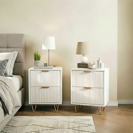 Lot de 2 tables de chevet 2 tiroirs - 40 x 40 x 55 cm - Tables d'appoint pour chambre ou salo - Pieds et accoudoirs dorés - Blanc - Style scandinave