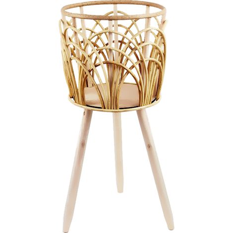Maceta colgante de ratán hecha a mano con bandeja de madera extraíble – Modelo grande de 26 x 23,5 x 58 cm para balcón, sala de estar y comedor. (1/5)