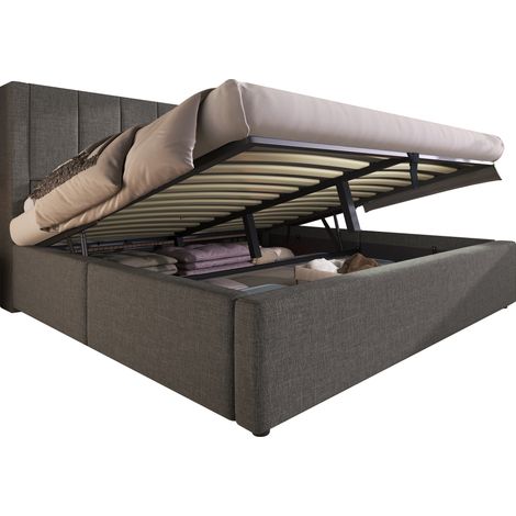 CHICFURN Cama tapizada 180x200 cm con almacenaje hidráulico, cargador USB y Type-C, portavasos ocultos, somier incluido, tela gris para dormitorio moderno (1/5)