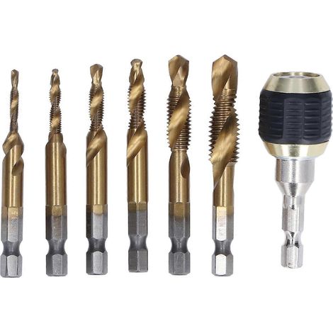 7-teiliges Set Spiral-Kombinationsgewindebohrer aus HSS, 1/4"-Sechskantschaft, Titanplattierung