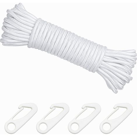 15M Flag Rope with 4 Heavy Duty Fixing Clips, 6mm White Nylon Rope Wear-Resistant for Mast, Shade Sail, Camping, Boat, Garden, Outdoor Use (1/5)