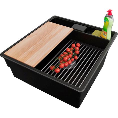 PRIMAGRAN Evier Cuisine en Granit 48x53cm,Lavabo 1 bac + Kit de Vidage + Accessoires, Évier à Encastrer au meuble 50cm - New York, Noir Métallisé (1/5)