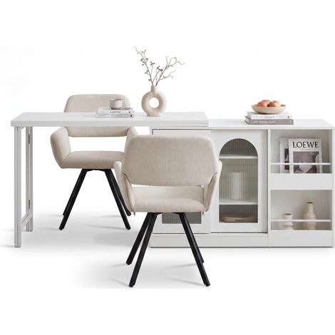 FurnitureR MDF Essgruppe mit Drehklapptisch und 2 Drehstühlen Weißer MDF-Drehklapptisch mit Stauraum und 2 beigen drehbaren Stoffstühlen für kleine Räume (1/5)