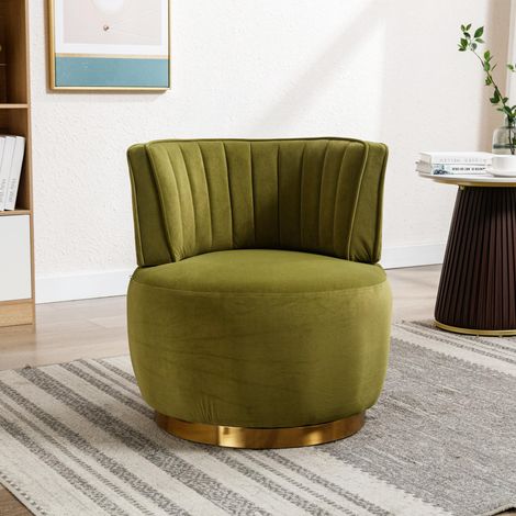 Fauteuil pivotant 360° moderne, style coquillage, velours doux vert olive. Dossier confortable, structure stable. Idéal pour salon, chambre et bureau. (1/5)