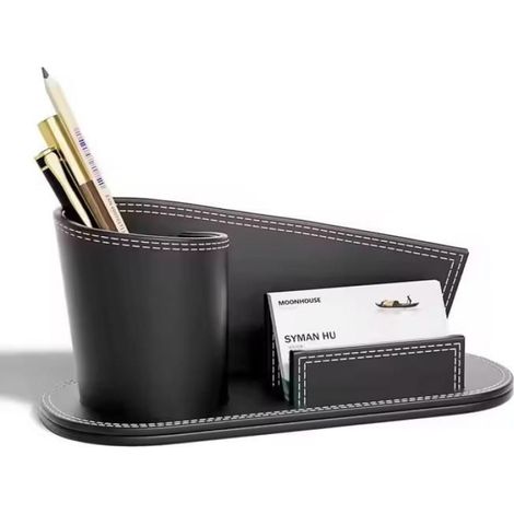 Organisateur Bureau - Simili-Cuir Noir - 24 x 10 x 10 cm - Porte-Stylo Cylindrique 7 cm - 2 Compartiments Rectangulaires - 1 Pièce (1/3)