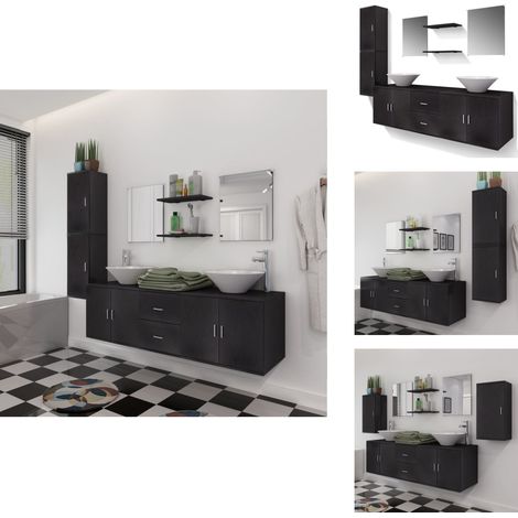 Mobilier de salle de bain avec lavabo 9 pcs Noir - Meuble De Salle De Bain - Ensemble De Salle De Bain - Lavabo - Rangement Salle De Bain - Vanity (1/5)