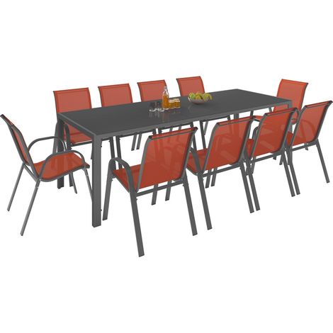 Idmarket – Ensemble table et 10 chaises empilables – Structure acier gris – Plateau verre trempé 240x80cm – Dossier et assise textilène gris terracotta