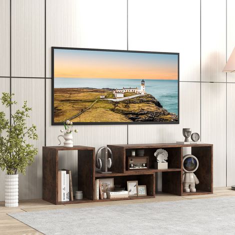 Meuble TV modulable marron rustique avec 2 étagères en L ajustables et 4 niches de rangement pour salon chambre et bureau (1/5)