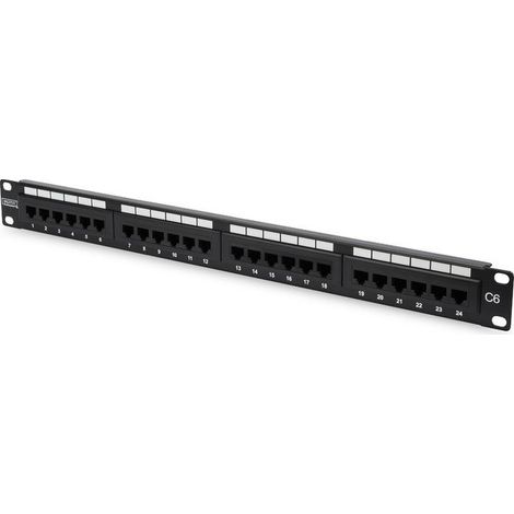 Panneau de brassage complet 19 pouces, 24 ports RJ45 U/UTP cat. 6, format 1U, avec plateau, noir (RAL 9005) DN-91624U-EC