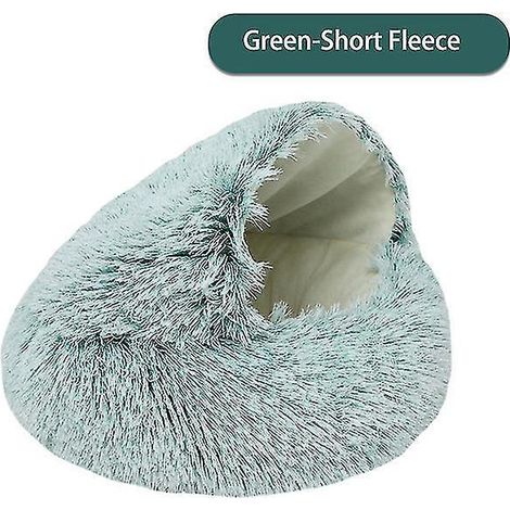 Nouveau lit d'hiver rond et doux en peluche, 2 en 1, avec capuche, pour chat ou chien. Niche/niche pour petits chiens et chats - 40 cm - Vert (1/4)