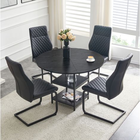 Table ronde salle à manger 4 personnes 107 cm avec double rangement et 4 chaises en cuir régénéré noir, style industriel compact – CHICFURN (1/5)