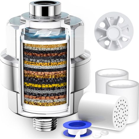 Filtre anticalcaire à 20 étapes pour pommeau de douche : améliore la qualité de l'eau grâce à 3 cartouches de rechange. (1/5)