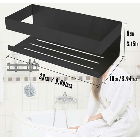 Etagere Douche, Étagère Douche Sans Percage, Étagère Salle de Bain Inox, Rangement Douche, Adhésif Pose Serviteur de Douche pour Shampooing, avec Lot de 2 Crochets, Noir Mat