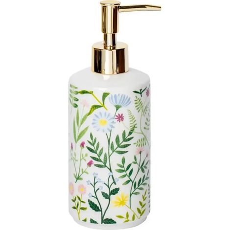 Distributeur de savon en céramique (BLANC) 430 ml, style vintage moderne, marron, avec pompe pour lotion et rangement pour liquide. Idéal pour la salle de bain. (1/5)