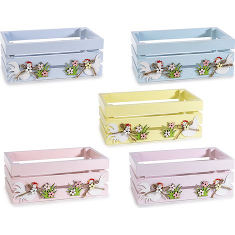Cagettes et paniers en bois coloré avec poules et fleurs décoratives de printemps, lot de 5, 18 x 10,5 x H. 7 cm