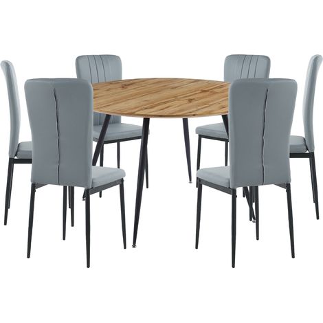 Hallowood Furniture Cullompton Large Round Dining Table and Chairs Set 6, Light Oak Effect Top Kitchen Table and Chairs in Light Grey Faux Leather, Dinner Set for Home, Office or Café (1/5)
