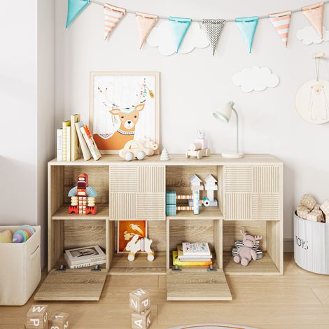 Étagère pour enfants, bibliothèque en bois massif - avec 8 espaces de rangement, charnières sécurisées, design à rayures - 30x60x120 cm, Naturel