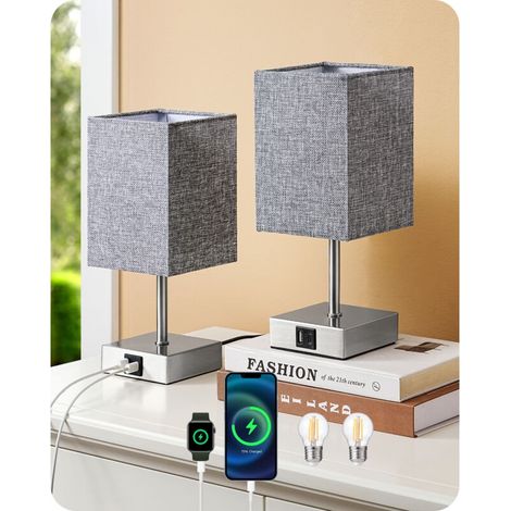 2PCS Lampe de table avec ports USB A+C, lampe de chevet tactile, ampoule E27 LED fournie, 3 intensités, abat-jour gris (1/5)