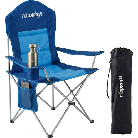 Relaxdays camping chair, foldable with carry bag, drink holder, padded seat, 160 kg, polyester, metal, blue