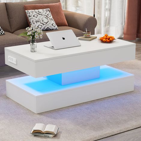 Couchtisch, modern mit LED-Beleuchtung und verstecktem Stauraum, Beistelltisch mit hydraulischem Hub, 100x50x42 cm, bis 50 kg belastbar