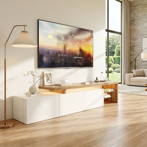 Meuble TV 200 cm blanc et bois avec Éclairage LED multicolore Rangement avec étagères en verre Dimensions 200x39x42 cm