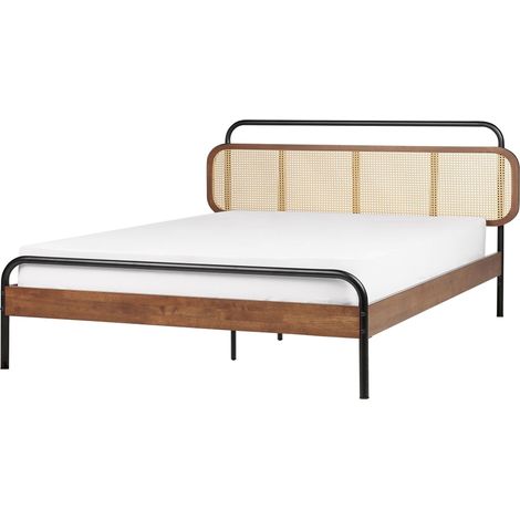 Letto matrimoniale moderno base a doghe con testata a treccia viennese in legno di gomma scuro 180 x 200 cm Boussicourt