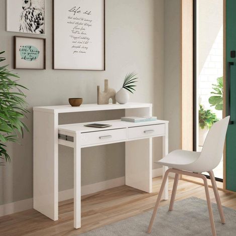 Bureau console extensible avec deux tiroirs, couleur blanc mat, Mesures 98 x 87 x 36 cm (extensible jusqu'à 66 cm) (1/5)