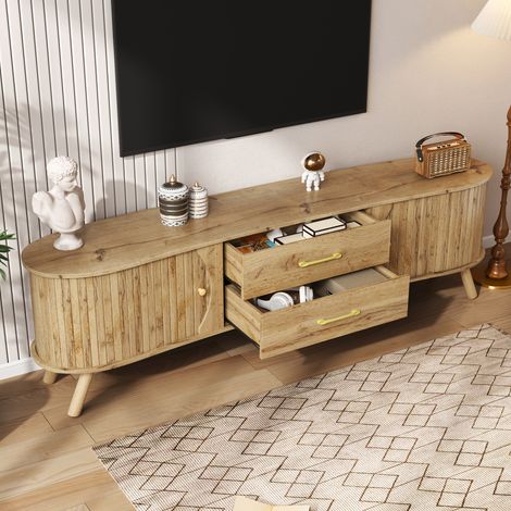 Meuble TV avec 2 Portes Coulissantes et 2 Tiroirs, Pieds en Bois Massif, pour Salon, en MDF, 160×36,5×55 cm (1/5)