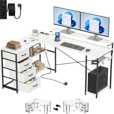 HOMCOM escritorio esquinero reversible con 4 cajones de tela, 155x112 cm, con 2 enchufes y 2 puertos USB, soporte para monitor, 2 ganchos, blanco
