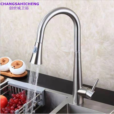 304 Stainless Steel Pull-Out Kitchen Faucet with Hot and Cold Water for Sinks and Dishwashers - Two-Stage Water Outlet - 304 Stainless Steel Brushed Rocket Pull-Out