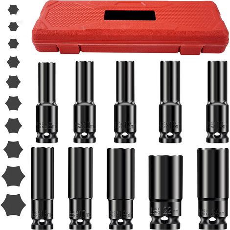 8-24mm Coffret de Douille à Choc Longue, 1/2" Douilles à Choc Profondes, Douille a Choc Hexagonales Métriques, Adaptateurs de Clé, pour Visseuse à Chocs et Changements Pneus (1/5)