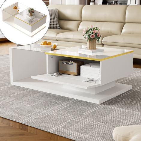 Tavolino fisso da 100 cm con contenitore, Tavolino in vetro con effetto LED - Bianco