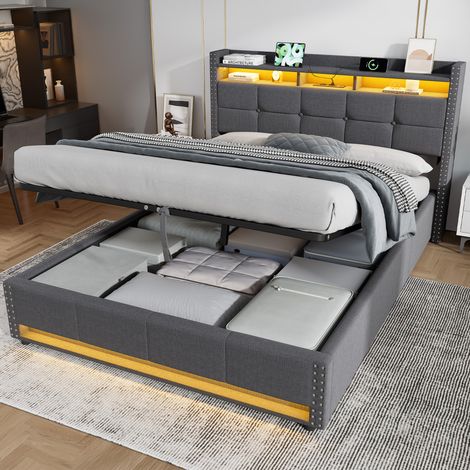 Letto box 140x200 cm, letto matrimoniale con illuminazione LED e USB, contenitore idraulico, rete inclusa (1/5)