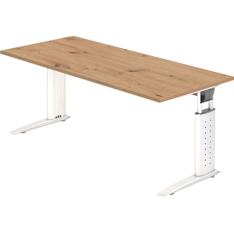 bümö® Schreibtisch "U-Serie" höhenverstellbar, Tischplatte 180 x 80 cm in Asteiche, Gestell in weiß (1/5)