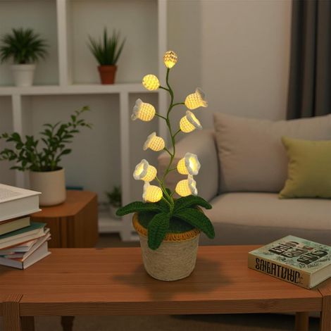 Lampada da notte a forma di mughetto - design all'uncinetto - LED - senza fili - bianca - grande - per camera da letto e decorazione d'interni (1/5)