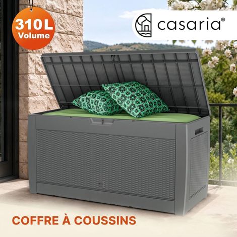 Coffre de rangement Malle 310 litres Stockage coussins avec roulettes Extérieur jardin modèle au choix Aspect rotin - gris