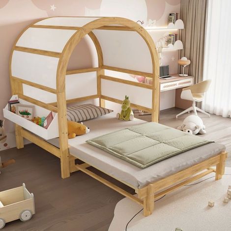 Lit gigogne enfant 140x200cm - Design cabane toit voûté - lit Gigogne - Étagère latérale, structure pin massif, Blanc et Naturel (1/5)
