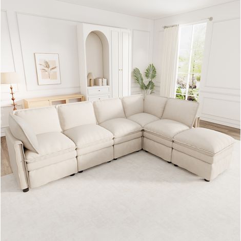 Canapé modulable XXL avec fonction lit, forme U ou L, chenille beige HAVRYA (1/5)