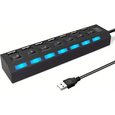 Pack x 4 unidades REGLETA HUB 7 PUERTOS LED, ADAPTADOR USB 2.0 ALTA VELOCIDAD INTERRUPTOR Color Negro - SpazioLuzio