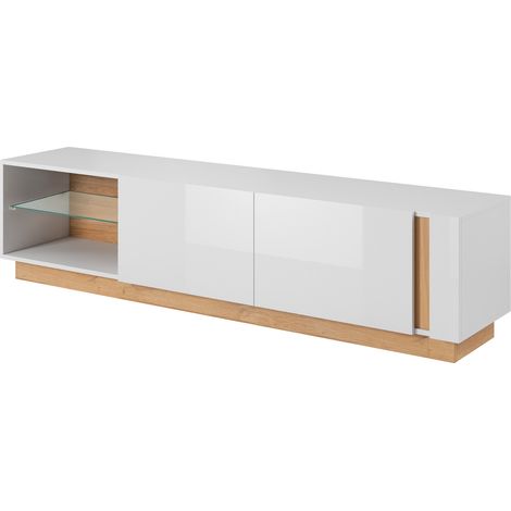 Porta TV Mobile Soggiorno Mobiletto Moderno Con Anta A gola E Vano Con Ripiano In Vetro Design Minimal Salvaspazio Salotto Living Elegante Oldenburg 45.5 x 40 x 187.5 Cm Bianco Lucido E Rovere