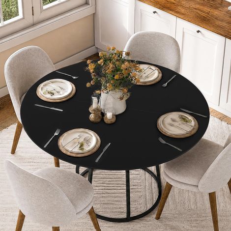Table à manger ronde 120 cm pour 4 personnes - avec double plateau étagère stable, Cadre en métal et plateau en bois - Pour salle à manger et salon, Noir (1/5)