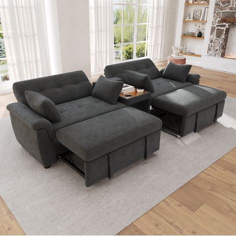 Divano letto a U estraibile con schienale regolabile, 4 cuscini, ciniglia grigio scuro, 284 cm (1/5)