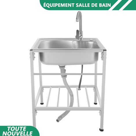 WAOBDLA 304 lavabo en acier inoxydable avec panier Single Bowl lavabo commercial indépendant lavabo au robinet froid et chaud